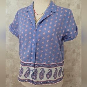 Banana Republic Petite M Blue Cotton Print Button Front Short Sleeve Blouse